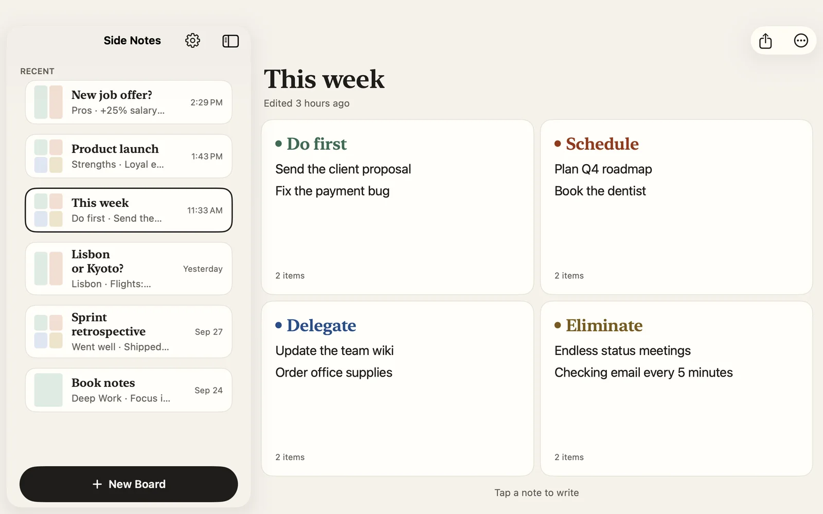 Side Notes on Mac: the list of boards on the left, a “This week” Eisenhower matrix in four notes on the right.