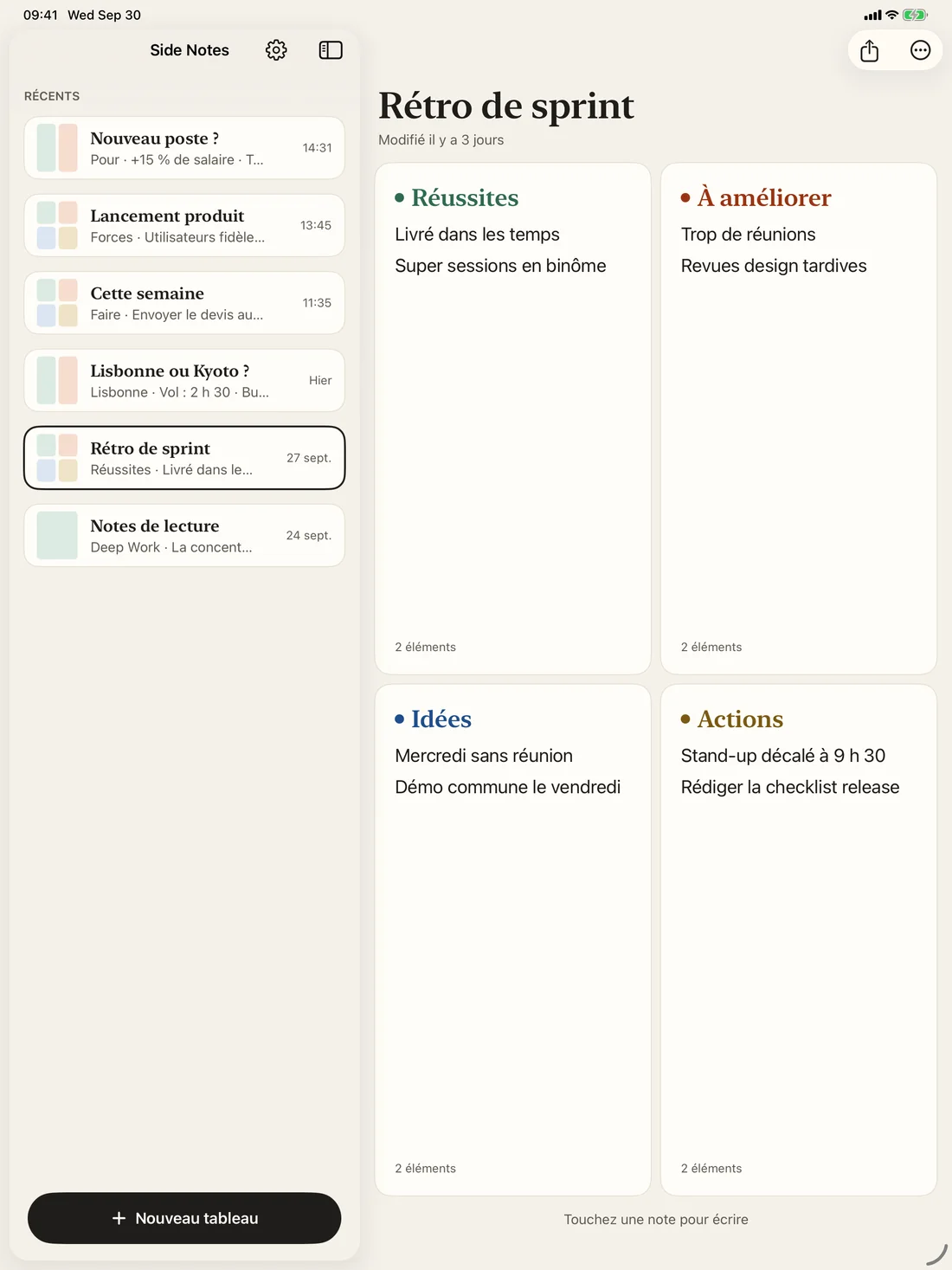 Le modèle Rétrospective rempli dans Side Notes