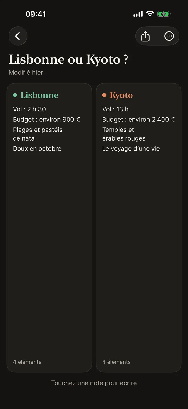 Side Notes en mode sombre : le tableau « Lisbonne ou Kyoto ? » compare deux destinations.