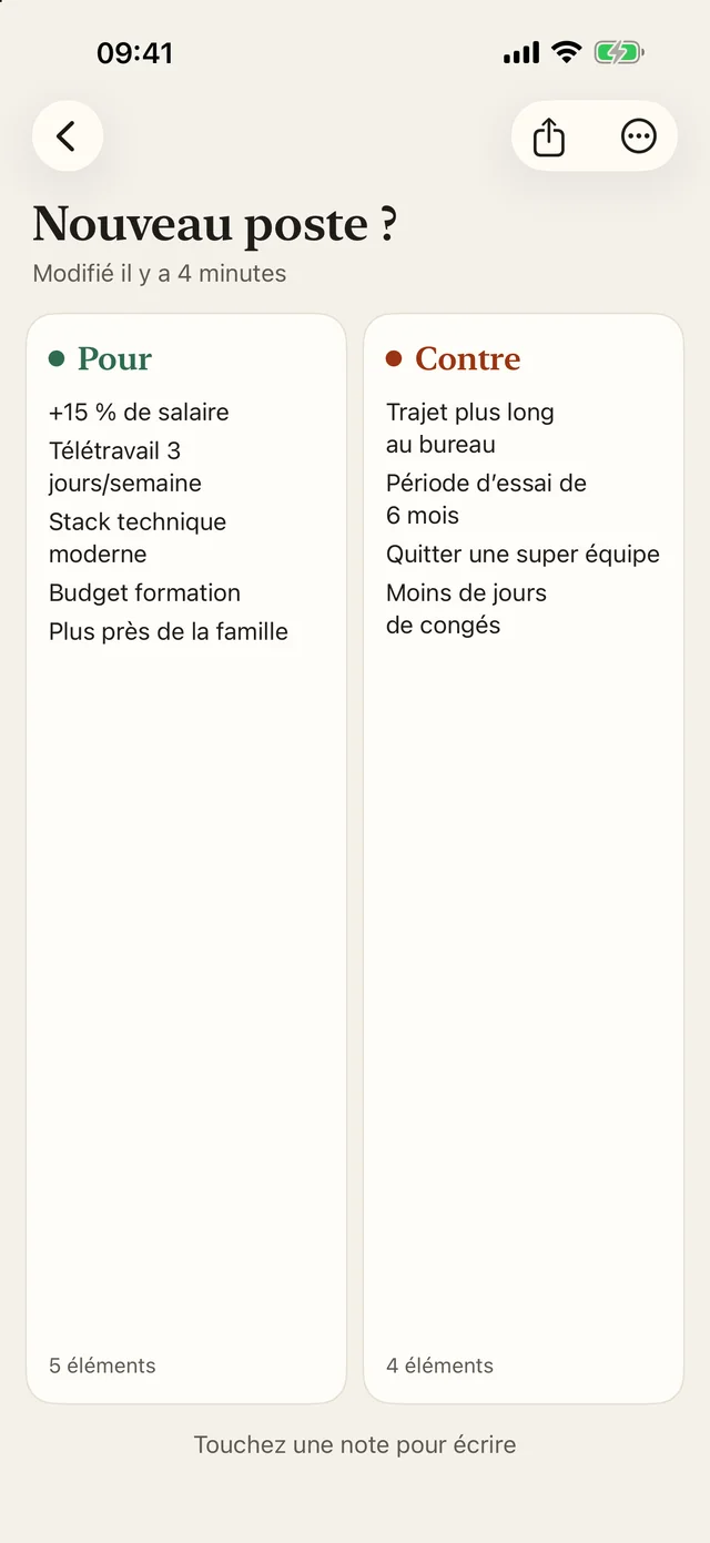 Side Notes sur iPhone : le tableau « Nouveau poste ? », cinq arguments pour et quatre contre, côte à côte.